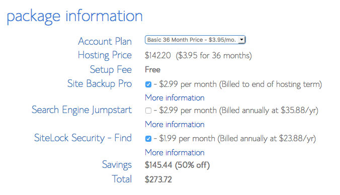 Bluehost Package info