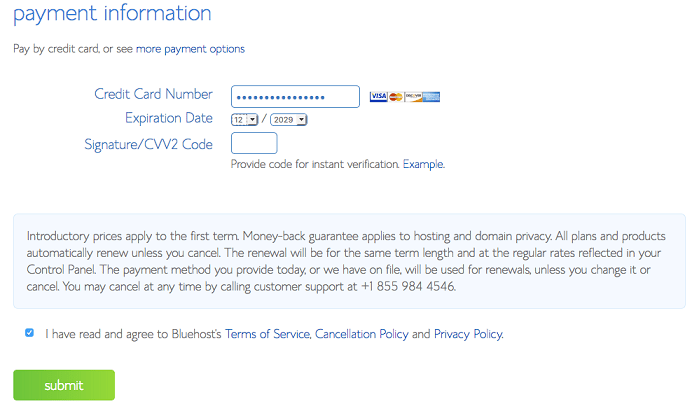 Bluehost Payment Info