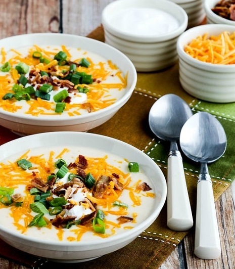 Instant Pot Low-Carb Loaded Cauliflower Soup with cheese on top