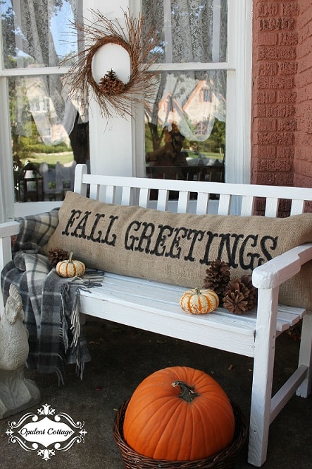 DIY Fall Porch Decorating Ideas: Burlap Pillow Bench