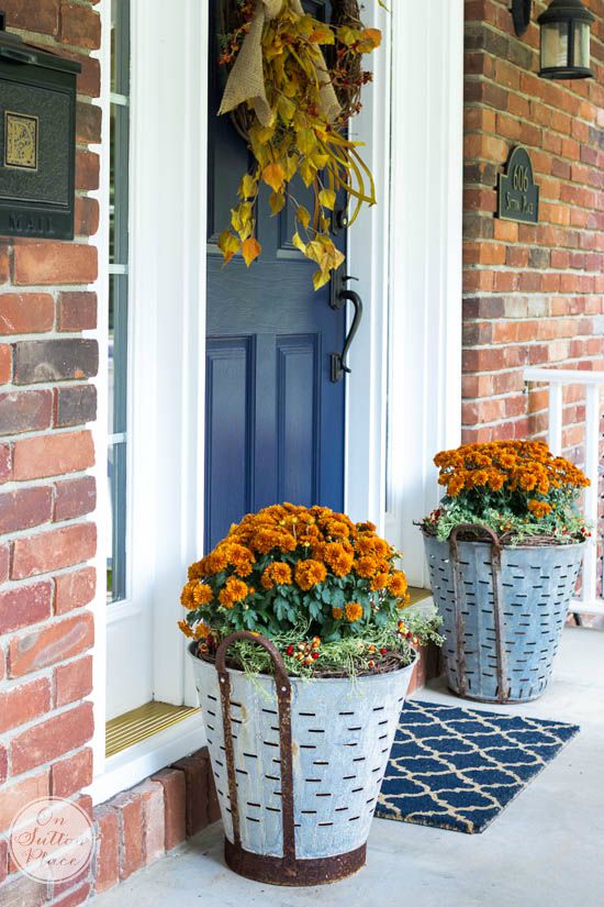 DIY Fall Porch Decorating Ideas: Fall Mums in Olive Buckets