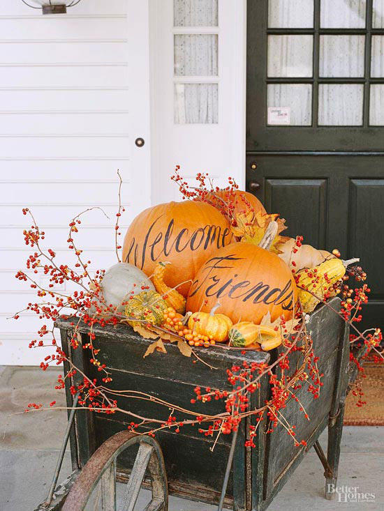 DIY Fall Porch Decorating Ideas: Wheelbarrow Pumpkins