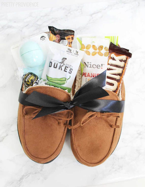 DIY Gift Baskets For Men: Gifts filled cozy slippers