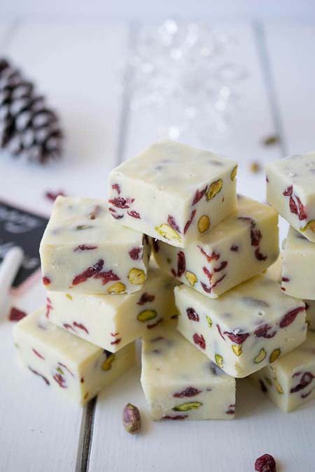 No Bake Christmas Desserts: White Chocolate Pistachio & Cranberry Fudge