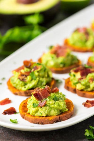 Party Snack Ideas & Party Appetizers: Sweet Potato Bites with Avocado and Bacon