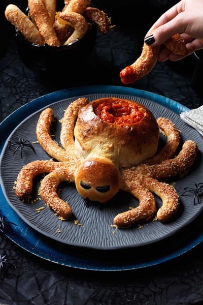 Halloween Party Appetizers: Saucy Spider with Hairy Leg Sticks